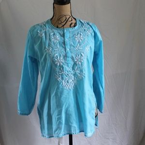 Turquoise Embroidered Tunic Top Boho Hippie Floral